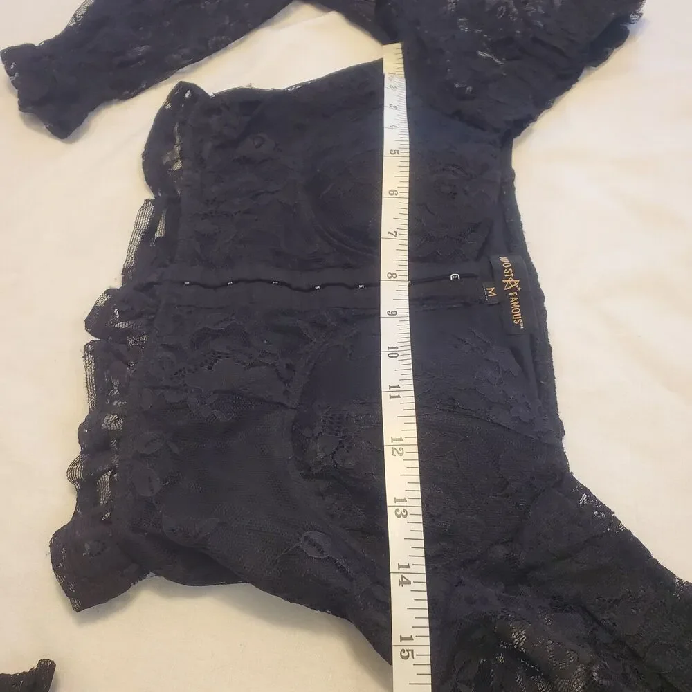 Womens Cropped Corset Puff Sleeve Blouse Sz M Black Lace Witchy Goblin Gothic